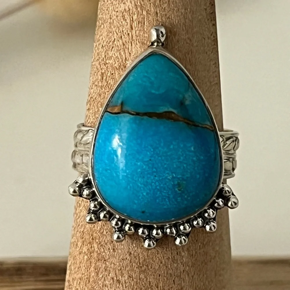 New 925 Solid Sterling Silver Turquoise and Pyrite Gemstone Ring Size 6.5